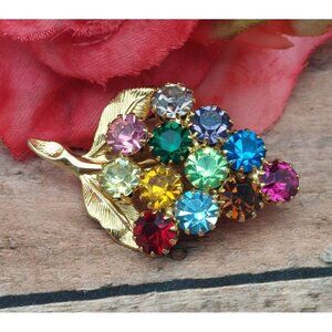 Vintage Fruit Salad Colorful Crystal Flower Bouquet Brooch Pin Gold Tone 1.5"